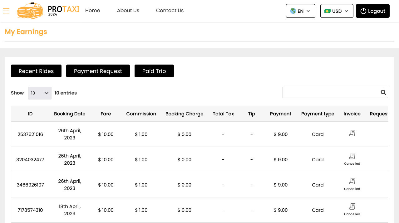 Driver Panel Total Earning Reports Screen Driver Panel Total Earning Reports Screen