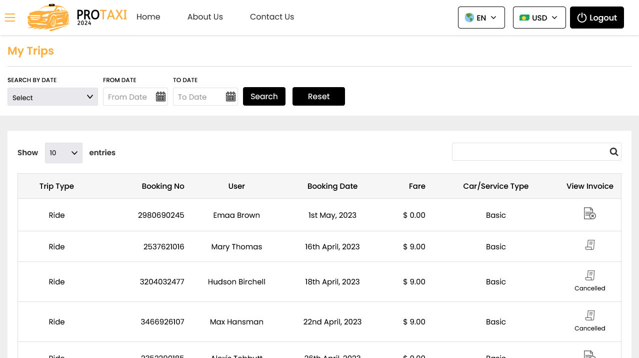 Driver Panel Manage Trips Screen Driver Panel Manage Trips Screen