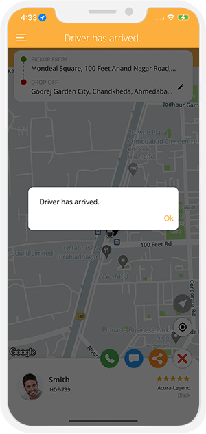 driver arrived to pickup location