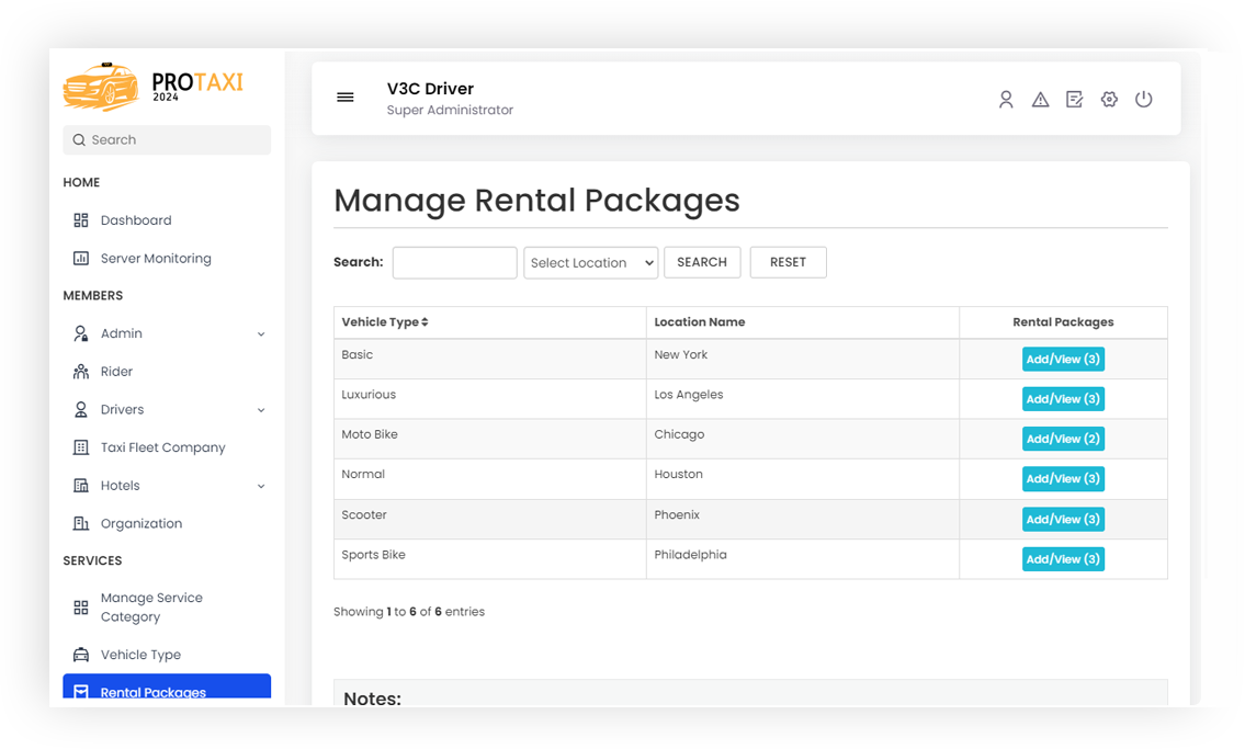 Manage Rental Packages Manage Rental Packages Screen