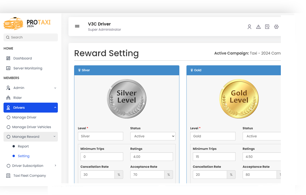 Taxis Management Reward setting Screen