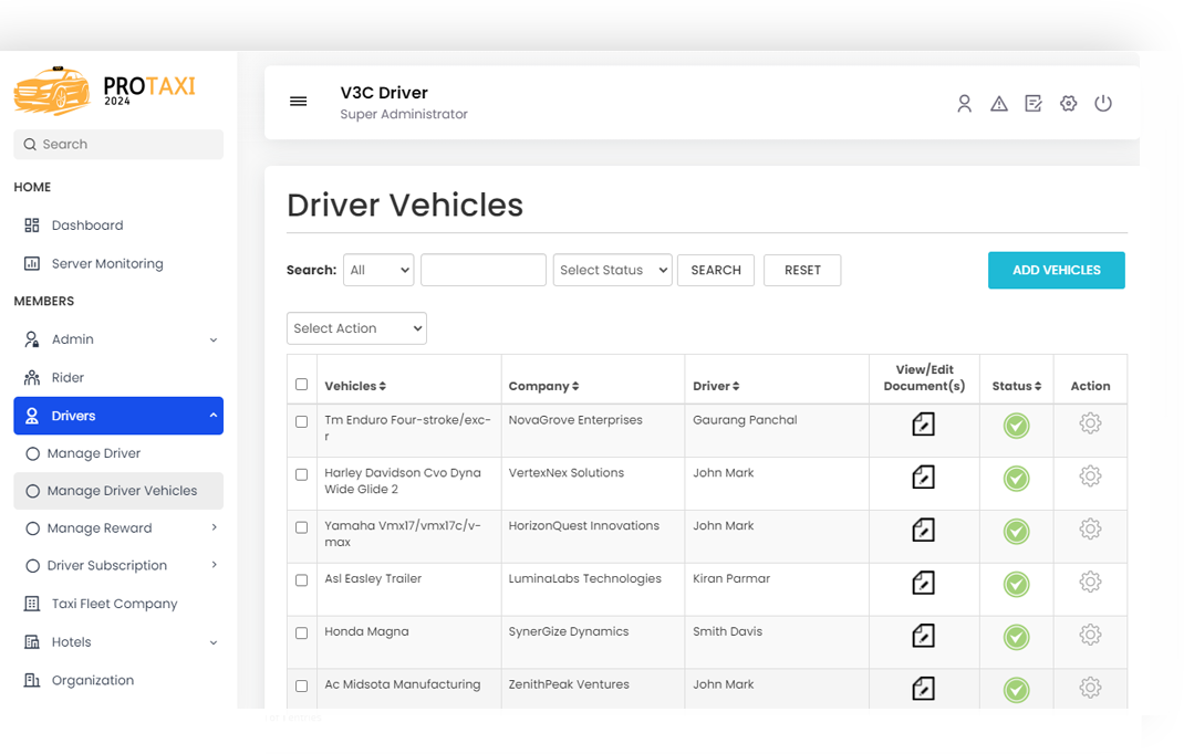 Taxis Management Taxis Management Screen