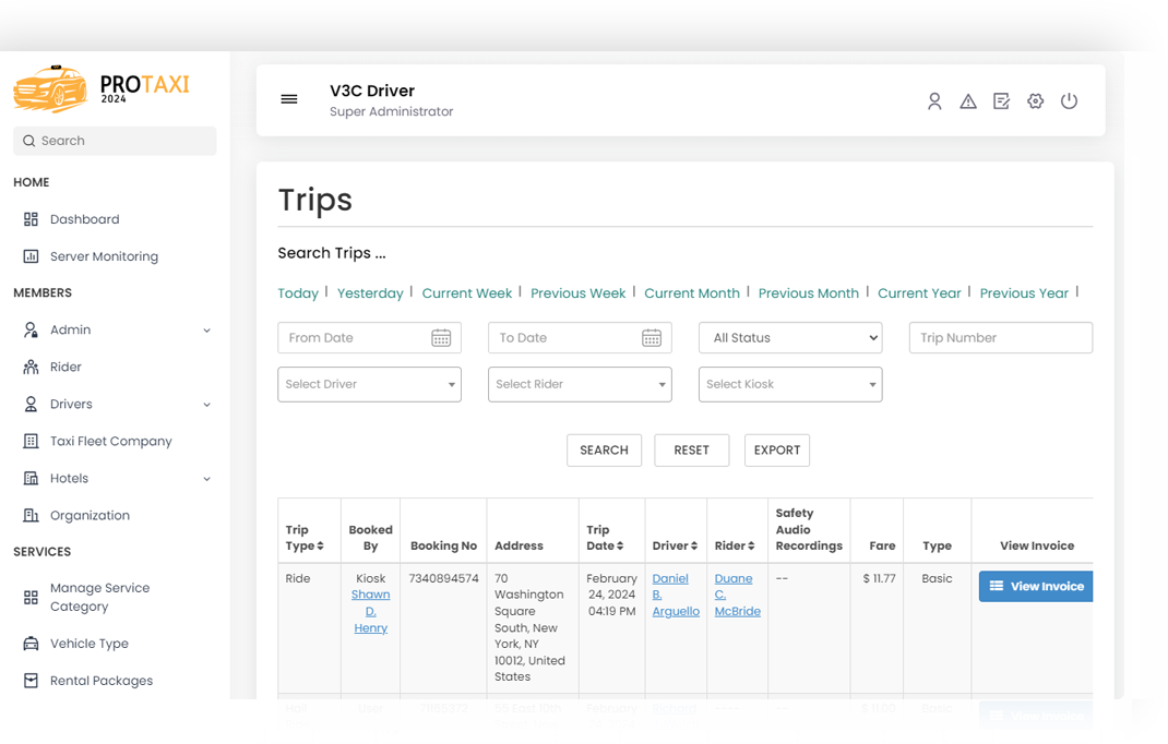 Restricted Management Trips Management Screen