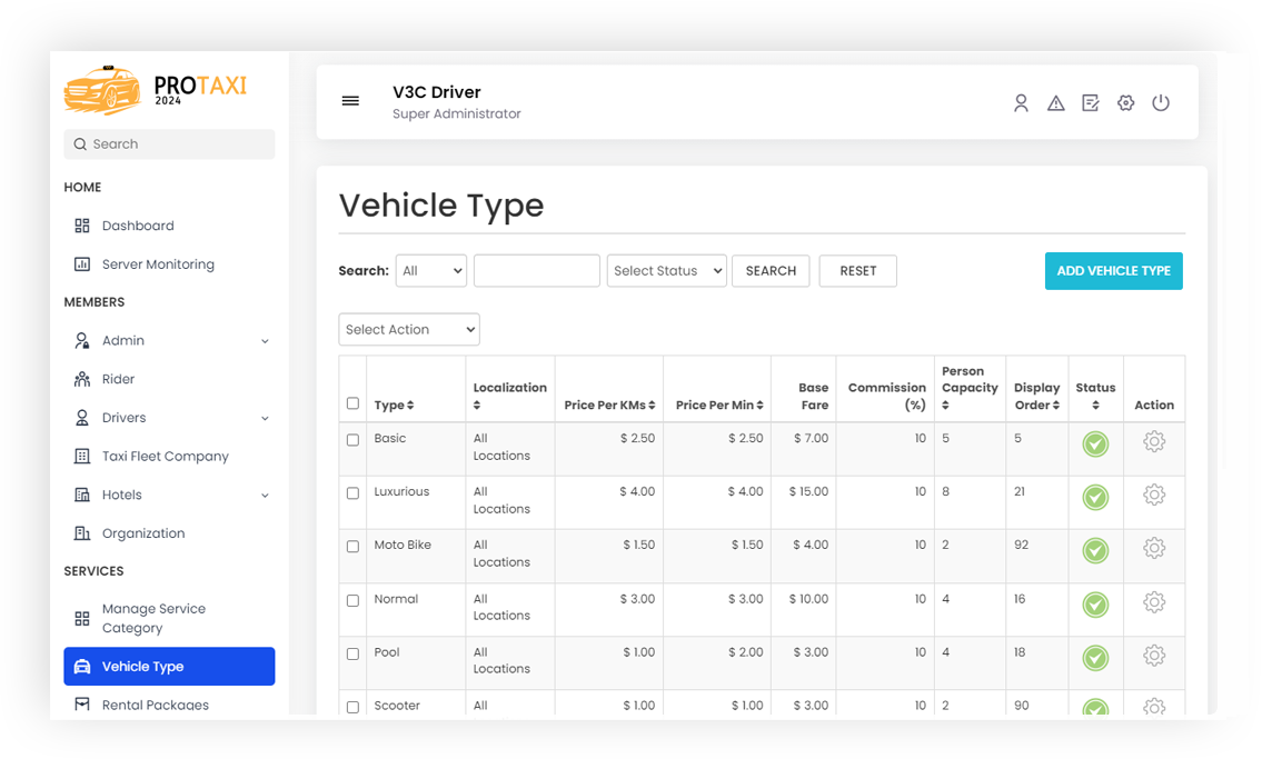 Vehicle Type Management Vehicle Type Management Screen