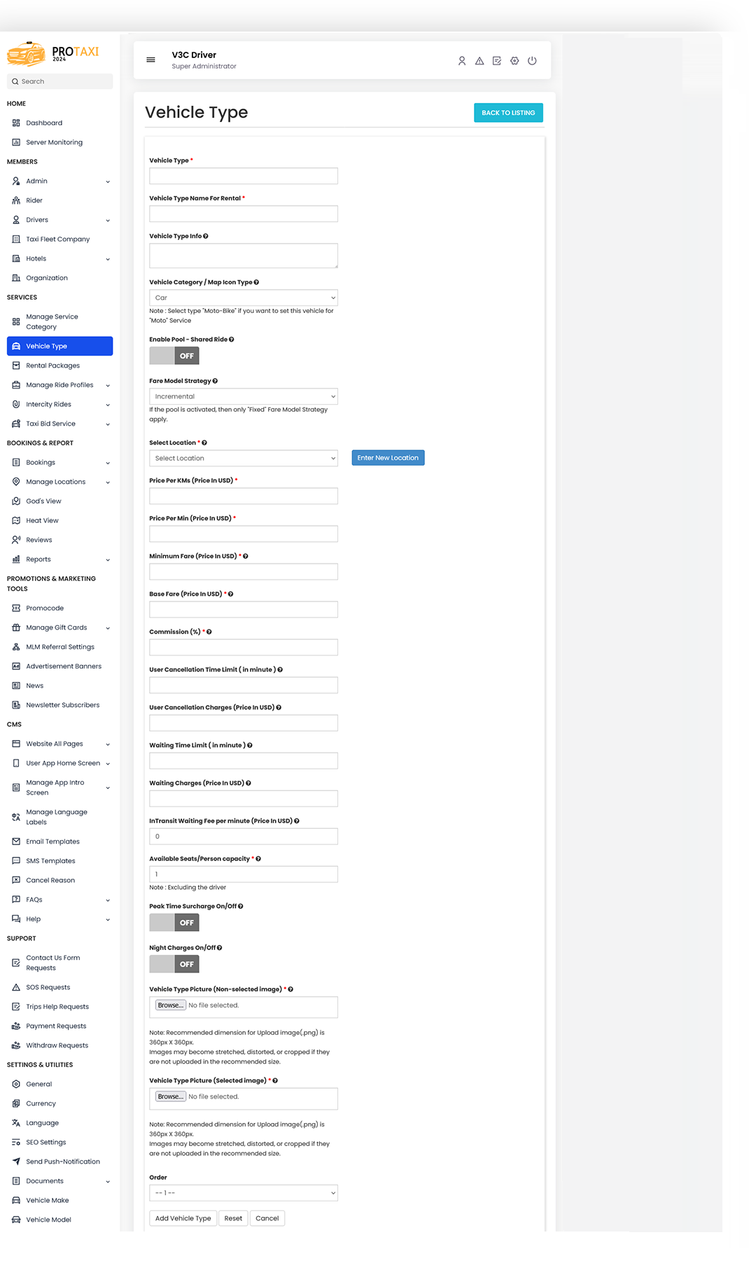 Vehicle Rates Management Vehicle Rates Management Screen